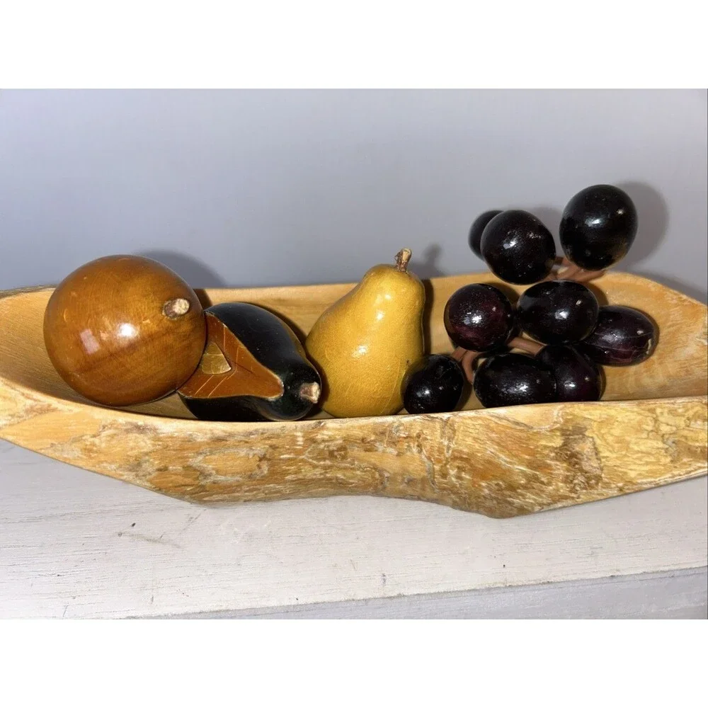 Vtg Retro MCM Carved Bowl Wooden Vegetable Fruit 5 Pc Set Fall Cottage Country